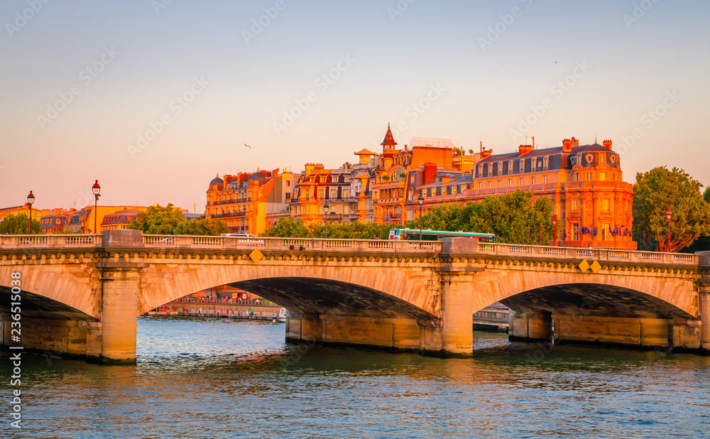 Pont de la Concorde and Seine river at sunset, Paris, France