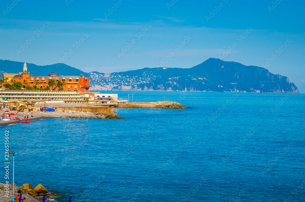 Panoramic view  of Genoa beach in a beautiful summer day, Liguria, Italy