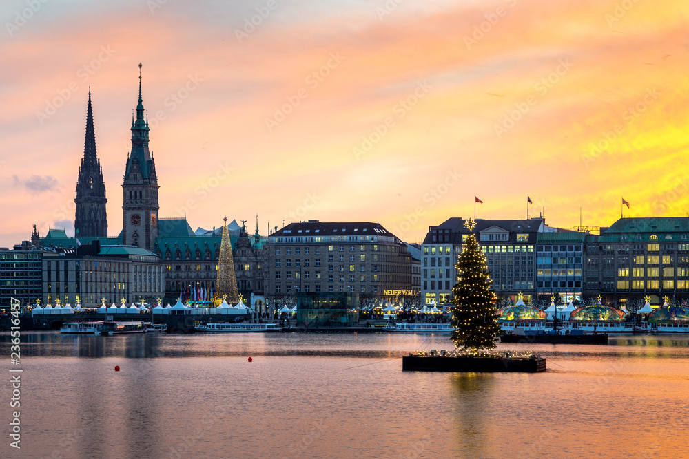 Fototapeta premium Sunset in Hamburg. Panoramic view of the decorated city center from Alster Lake, view to Hamburg Rathaus and a christmas tree installed in the center of the lake. Atmosphere before the New Year.