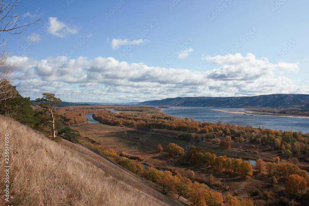 Fototapeta premium View on the Volga river and Zhiguli hills. The Autumn.