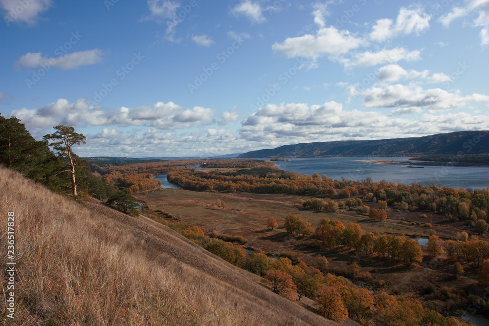 View on the Volga river and Zhiguli hills. The Autumn.