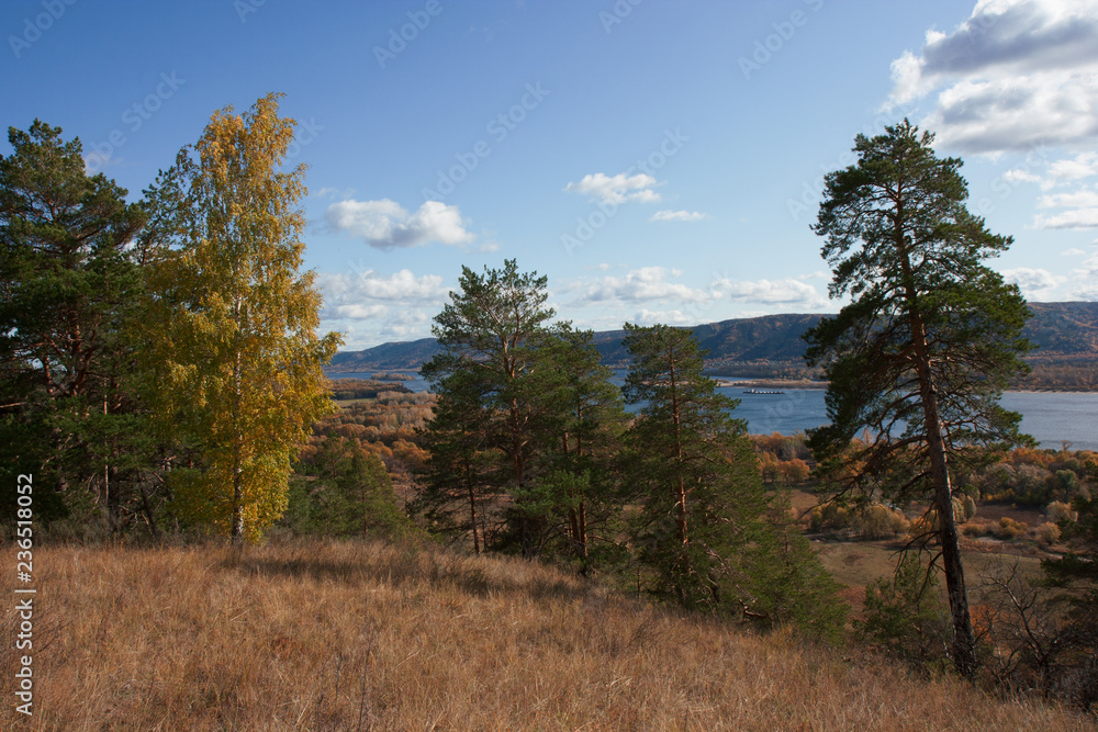 View on the Volga river and Zhiguli hills. The Autumn.