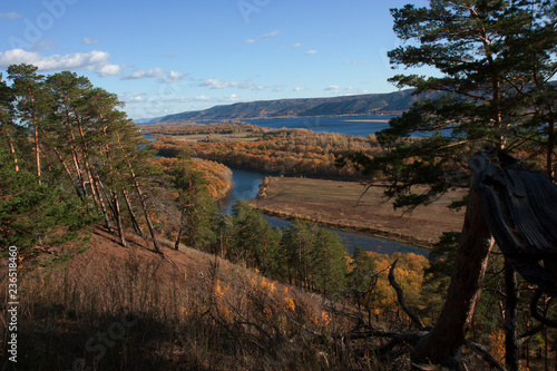 View on the Volga river and Zhiguli hills. The Autumn.
