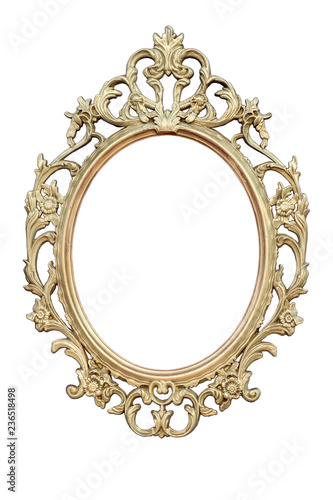Openwork oval golden colored frame isolated on white backdrop