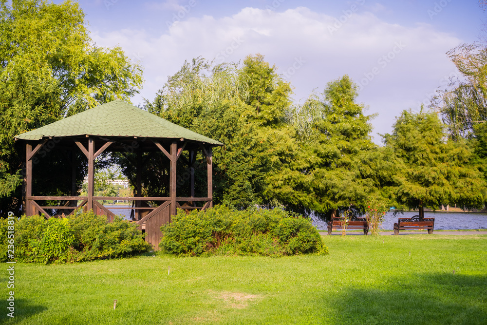 Wooden pavilion on the shorelines of Herastrau Lake, Bucharest, Romania Wooden pavilion on the shorelines of Herastrau Lake, Bucharest, Romania