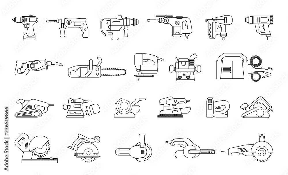 Big icon collection of power electric hand tools. Set of master tools for wood, metal, plastic, stone, etc. Big icon collection of power electric hand tools. Set of master tools for wood, metal, plastic, stone, etc.