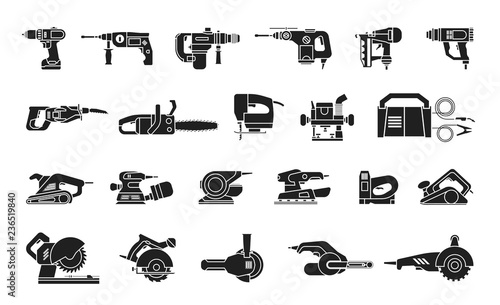 Big icon collection of power electric hand tools. Set of master tools for wood, metal, plastic, stone, etc.