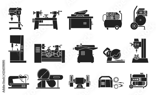 Icon collection of electric machine tools  for wood, metal, plastic, stone. Machines used in production in various types of industry.