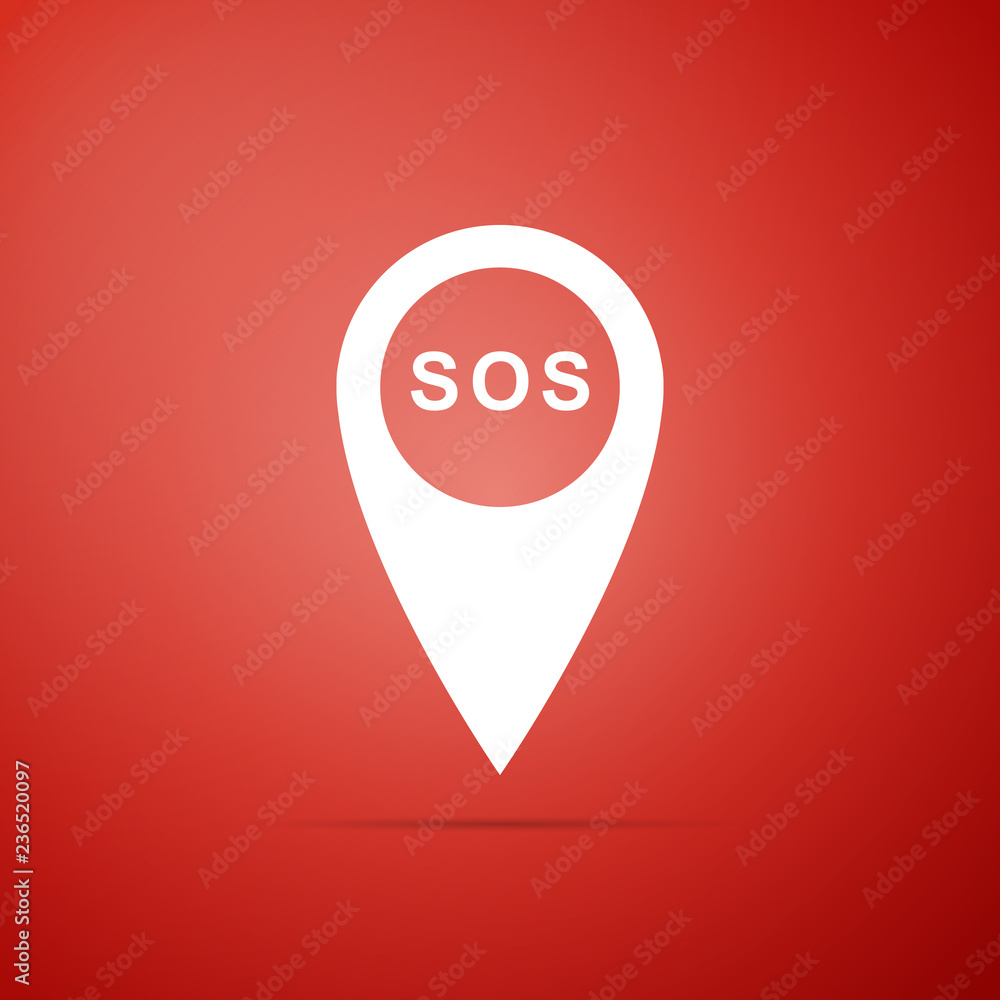 Marker location with SOS icon isolated on red background. SOS call location marker. Map pointer sign. SOS pinpoint sign with text. Flat design. Vector Illustration