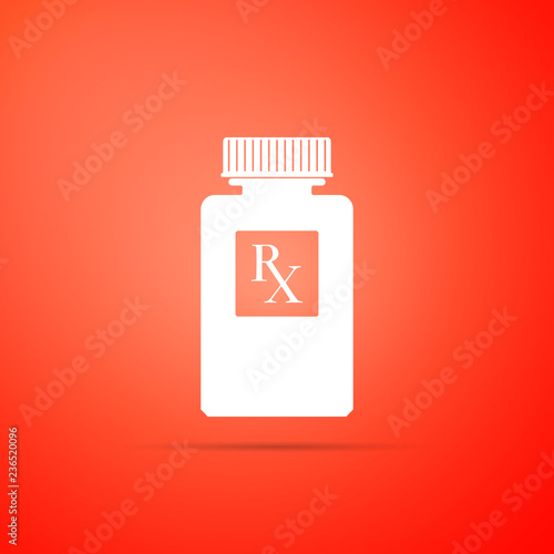 Pill bottle with Rx sign and pills icon isolated on orange background. Pharmacy design. Rx as a prescription symbol on drug medicine bottle. Flat design. Vector Illustration