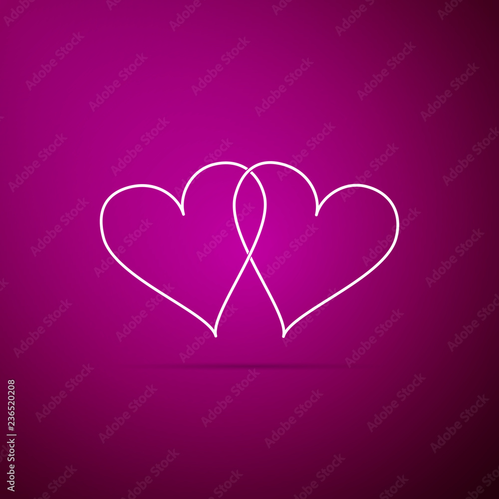 Two Linked Hearts icon isolated on purple background. Heart two love sign. Romantic symbol linked, join, passion and wedding. Valentine day symbol. Flat design. Vector Illustration