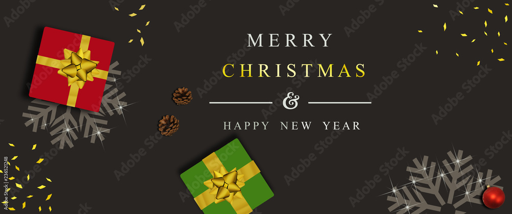 Weihnachtskarte, banner, hintergrunde und geschenke mit realistisch geschenk box, konfetti, weihnachtskugel und kiefernzapfe