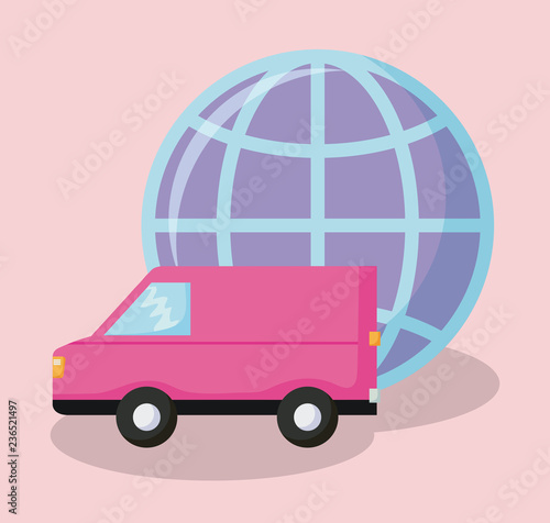 delivery service van car with sphere planet