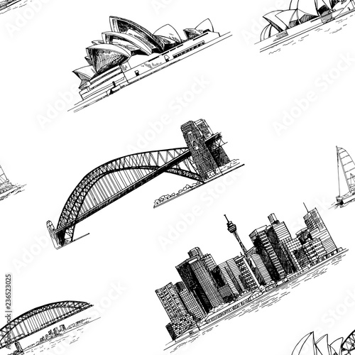 Seamless pattern of hand drawn sketch style Australia themed objects isolated on white background. Vector illustration.