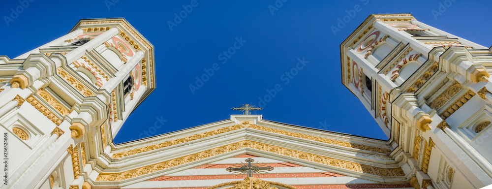 Detail of the Orthodox Church St New Spiridon facade in downtown Bucharest, Romania