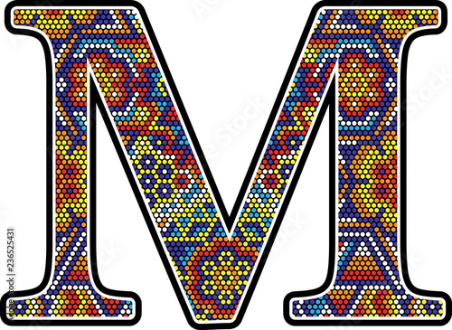 initial m with colorful dots abstract design with mexican huichol art style