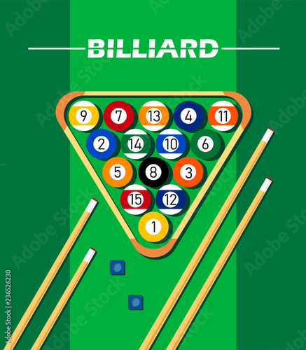 Illustration with billiards concept, on green background with balls, billiard cues and cue