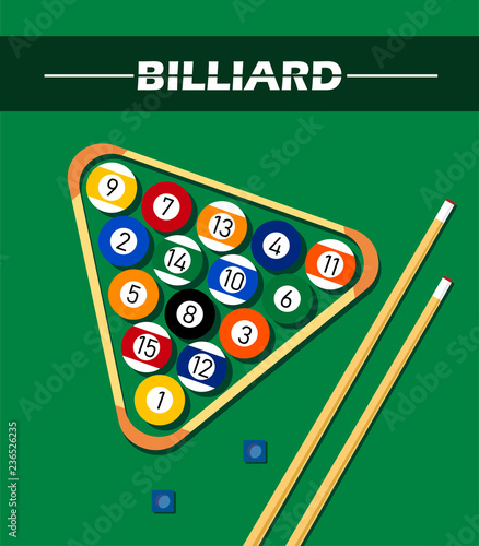 Illustration with billiards concept, on green background with balls, billiard cues and cue