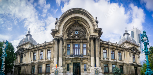 Panoramic view of CEC bank headquarters historical building in downtown Bucharest, Romania