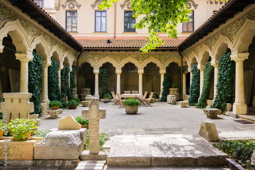 The interior court of the eastern Orthodox Stavropoleos Church in the old city area, Bucharest, Romania