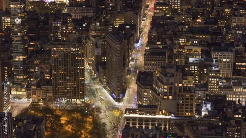 Cityscape of Manhattan with Flatiron Building at Night. New York City, United States of America. Aerial View. Time Lapse