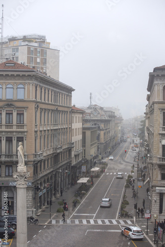Padova, Italy - November 9, 2018: Panoramic view of Padova street, Italy. Heavy fog in the city of Padova.