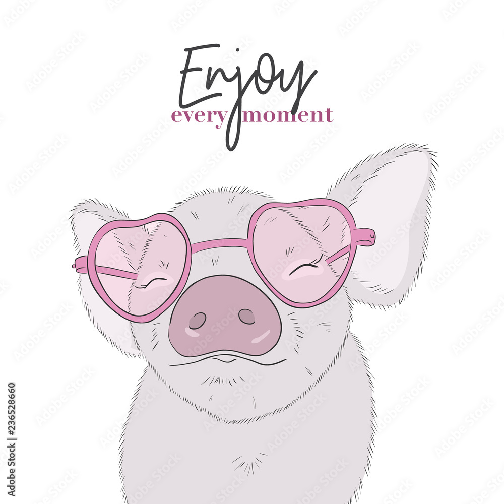 Cute pig with Enjoy every moment quote. Happy life funny piglet drawing.  Animal cartoon character illustration. Stock Vector | Adobe Stock