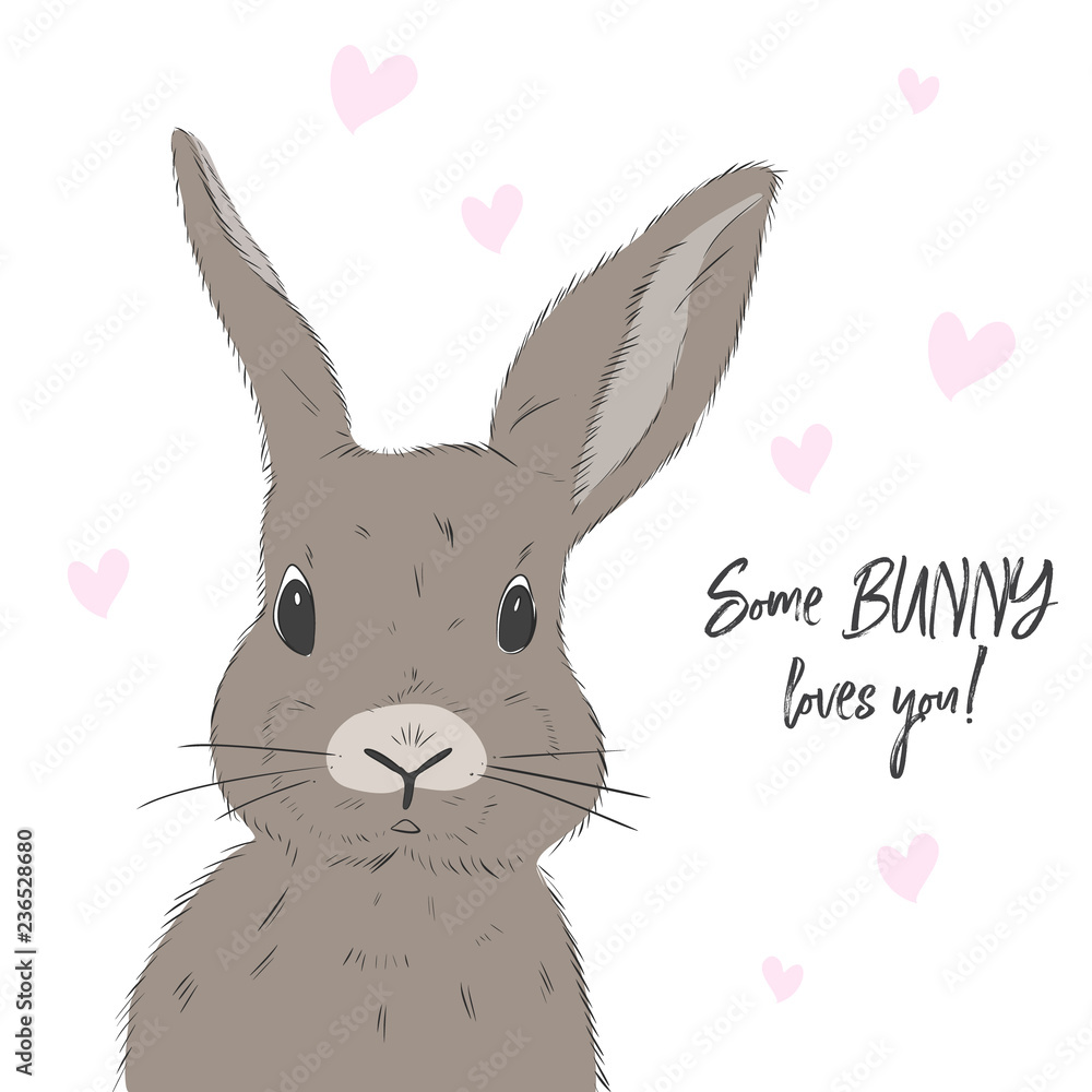 Cute rabbit with Love you text. Bunny vector illustration. Cartoon  character spring print. Hand drawn childish t-shirt print. Happy kids  clipart. Stock Vector | Adobe Stock