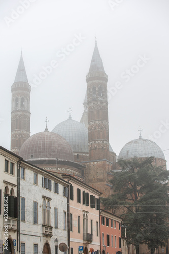 The Basilica di Sant'Antonio in Padova, Italy. Heavy fog in the city of Padova. Padua. Side view of the Basilica of St Anthony, iconic landmark and sightseeing in Padua, Italy. travel to Italy photo
