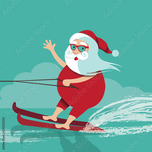 Cartoon Santa Claus water skiing. Eps10 vector illustration.