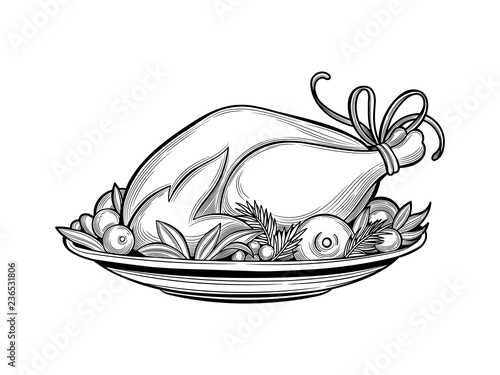 Roasted Turkey on a platter of fruit. Merry Christmas and happy New year. 