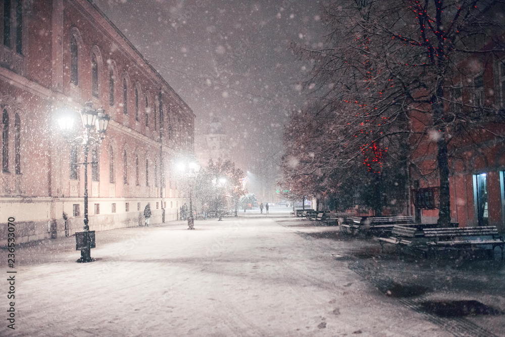 © Jovana Rikalo/Stocksy - First snow in Novi Sad city at night