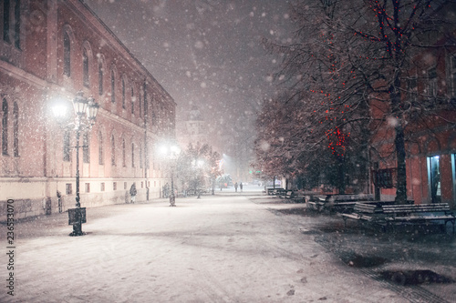 First snow in Novi Sad city at night