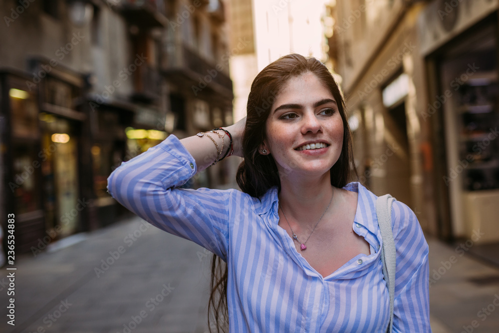 Charming young model walking excitedly Charming young model walking excitedly