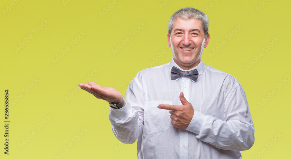 Handsome senior man wearing bow tie over isolated background amazed and smiling to the camera while presenting with hand and pointing with finger. Handsome senior man wearing bow tie over isolated background amazed and smiling to the camera while presenting with hand and pointing with finger.