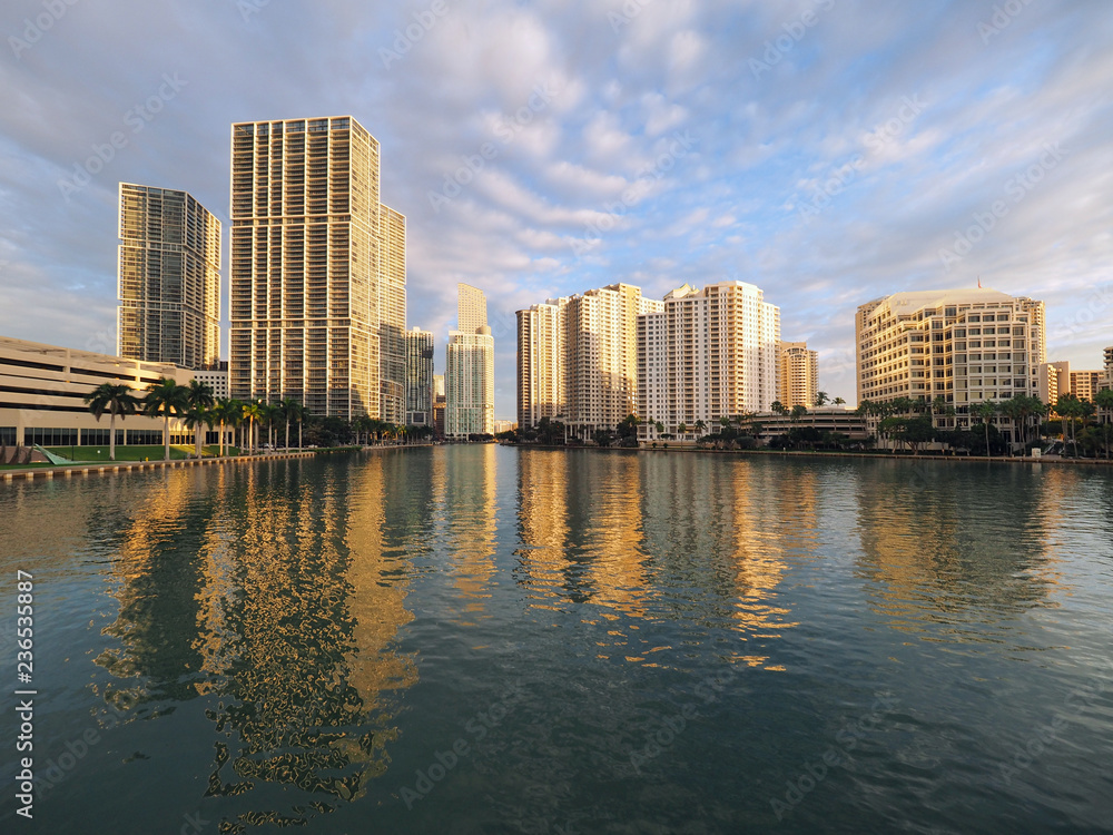 Miami, Florida 11-24-2018 Buildings of the City of Miami and Brickell Key, Florida, in early morning light.