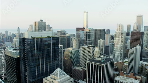 Aerial sunset view of Trump Tower Chicago River Illinois Metropolitan skyline Skyscraper buildings in Downtown Business and Financial District USA 