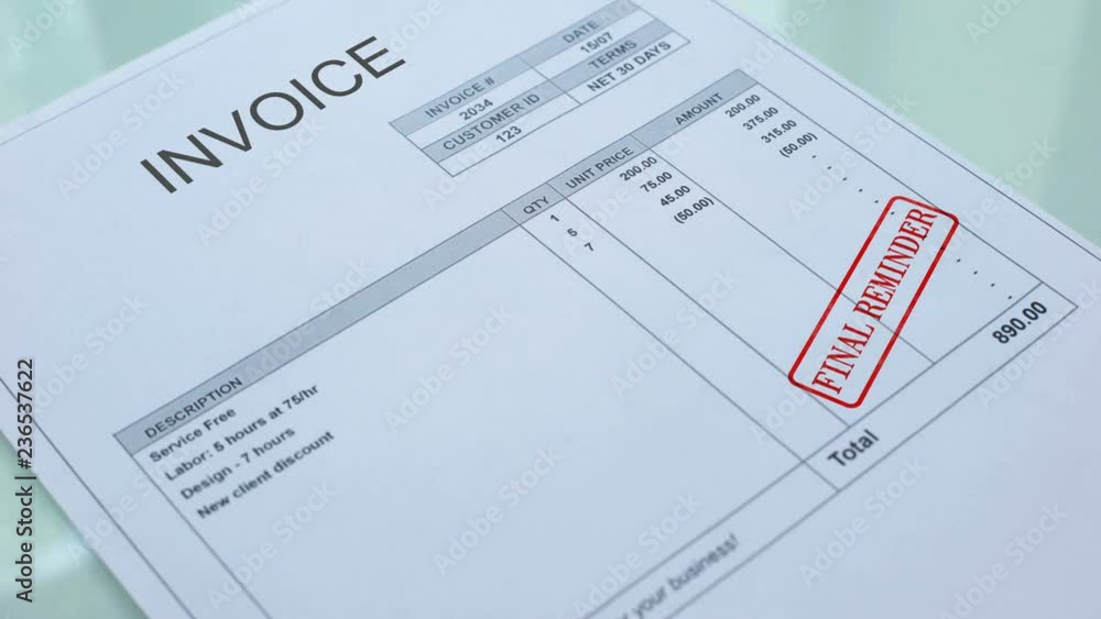 Invoice final reminder, hand stamping seal on commercial document, business Invoice final reminder, hand stamping seal on commercial document, business