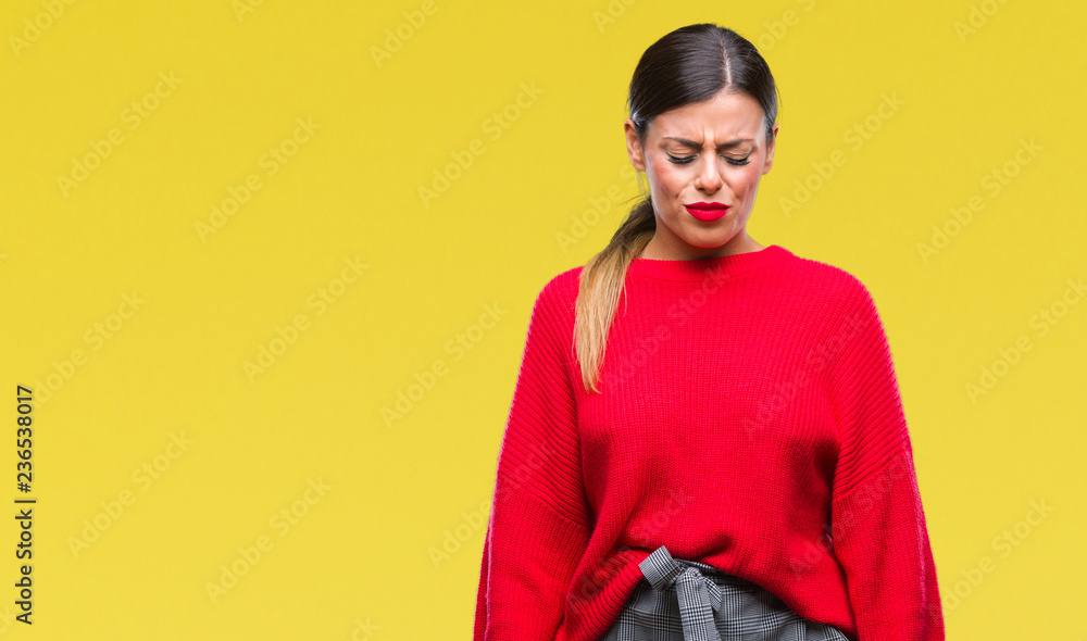Young beautiful business woman wearing winter sweater over isolated background depressed and worry for distress, crying angry and afraid. Sad expression. Young beautiful business woman wearing winter sweater over isolated background depressed and worry for distress, crying angry and afraid. Sad expression.
