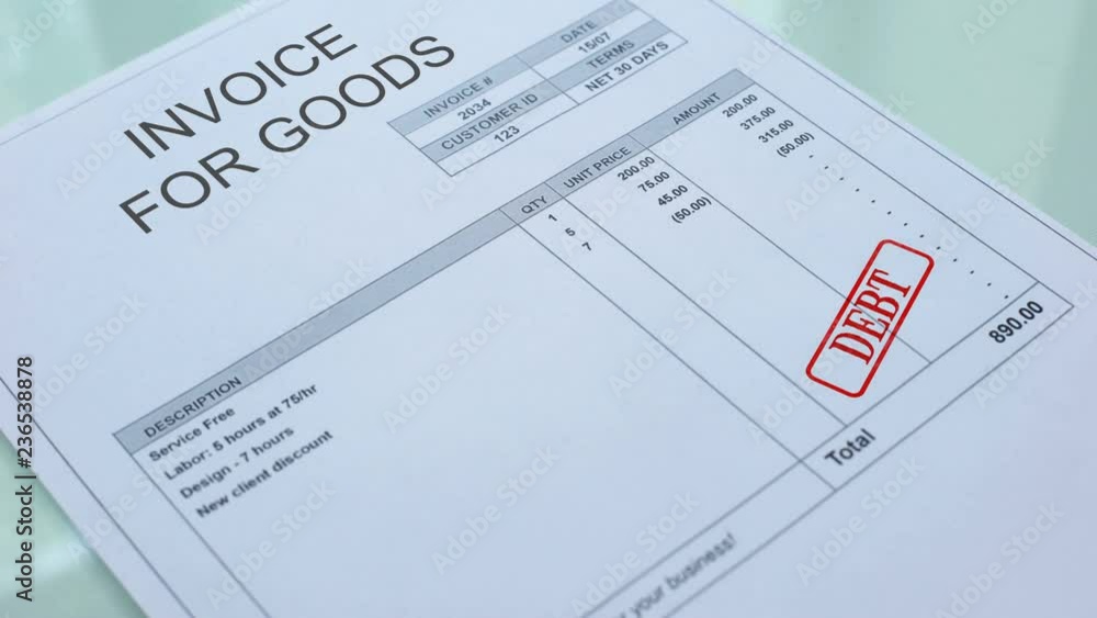 Invoice for goods debt, hand stamping seal on commercial document, business Invoice for goods debt, hand stamping seal on commercial document, business