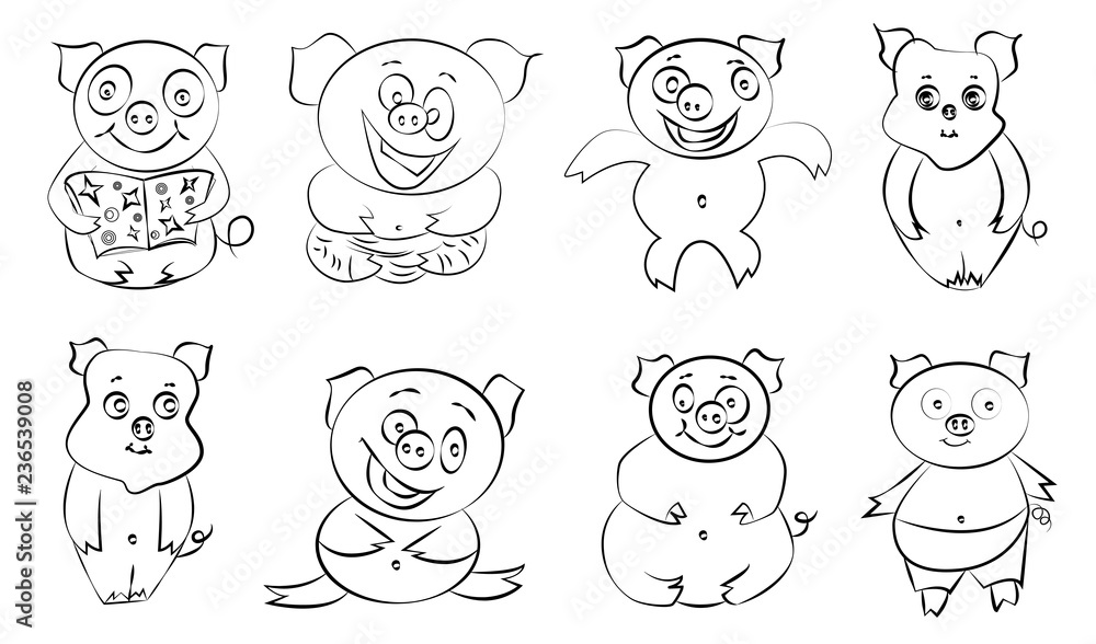 Cute funny happy cartoon style pigs set. Cute funny happy cartoon style pigs set.