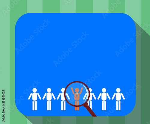 Design business Empty copy space text for Ad website promotion isolated Banner template. Magnifying Glass Over Chosen Man Figure Among the Hu analysis Dummies Line Up