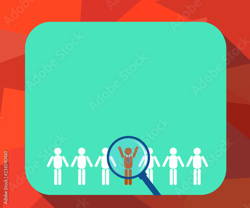 Design business concept Empty template copy space text for Ad website isolated. Magnifying Glass Over Chosen Man Figure Among the Hu analysis Dummies Line Up