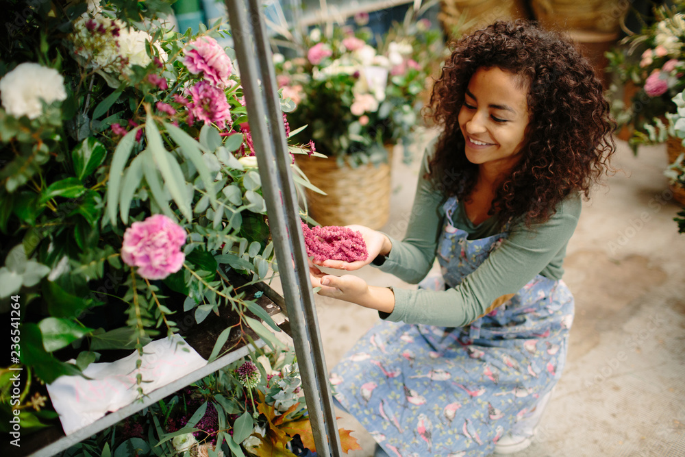 Content woman exploring freshly delivered flowers Content woman exploring freshly delivered flowers