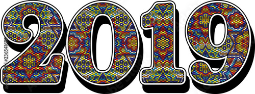 2019 new year numbers with colorful mexican huichol art style isolated on white