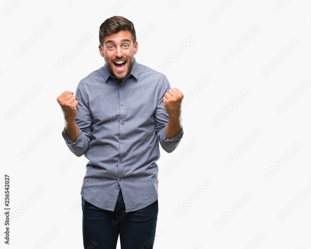 Young handsome man over isolated background celebrating surprised and amazed for success with arms raised and open eyes. Winner concept. Young handsome man over isolated background celebrating surprised and amazed for success with arms raised and open eyes. Winner concept.