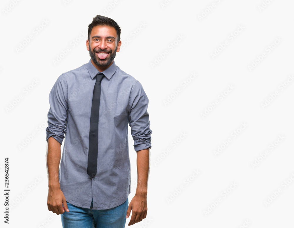 Adult hispanic business man over isolated background sticking tongue out happy with funny expression. Emotion concept. Adult hispanic business man over isolated background sticking tongue out happy with funny expression. Emotion concept.