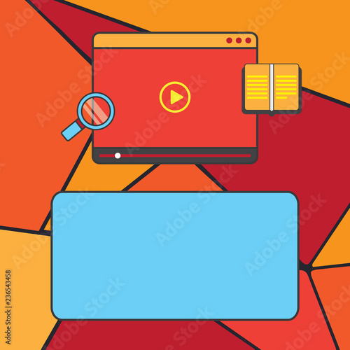 Design business Empty template isolated Minimalist graphic layout template for advertising . Tablet Video Player Uploading Downloading and Magnifying Glass Text Space