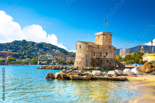 Obraz na płótnie Beautiful view of coastline and picturesque seaside village Rapallo. Little harbor and houses. w salonie