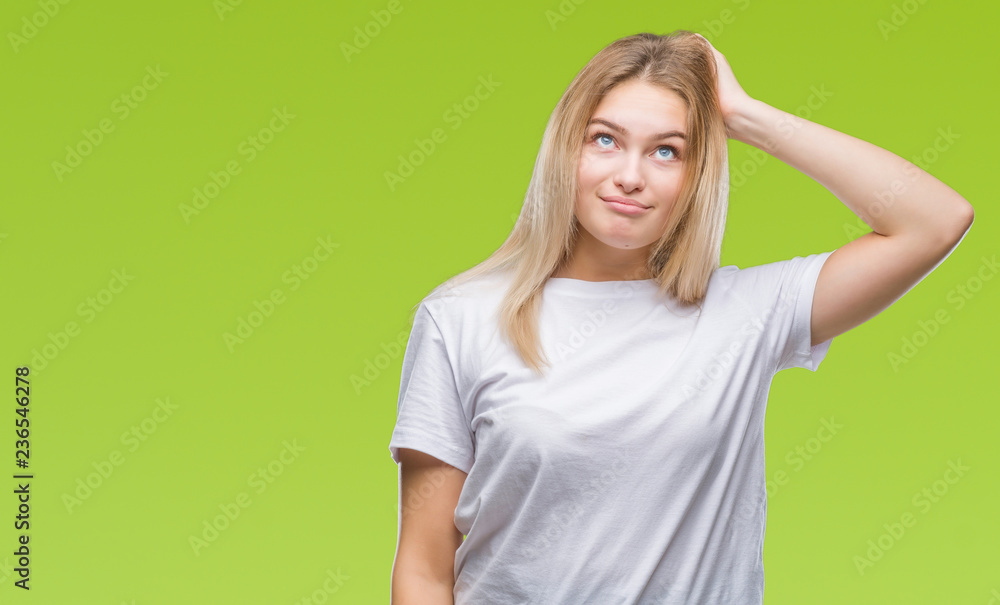 Young caucasian woman over isolated background confuse and wonder about question. Uncertain with doubt, thinking with hand on head. Pensive concept. Young caucasian woman over isolated background confuse and wonder about question. Uncertain with doubt, thinking with hand on head. Pensive concept.
